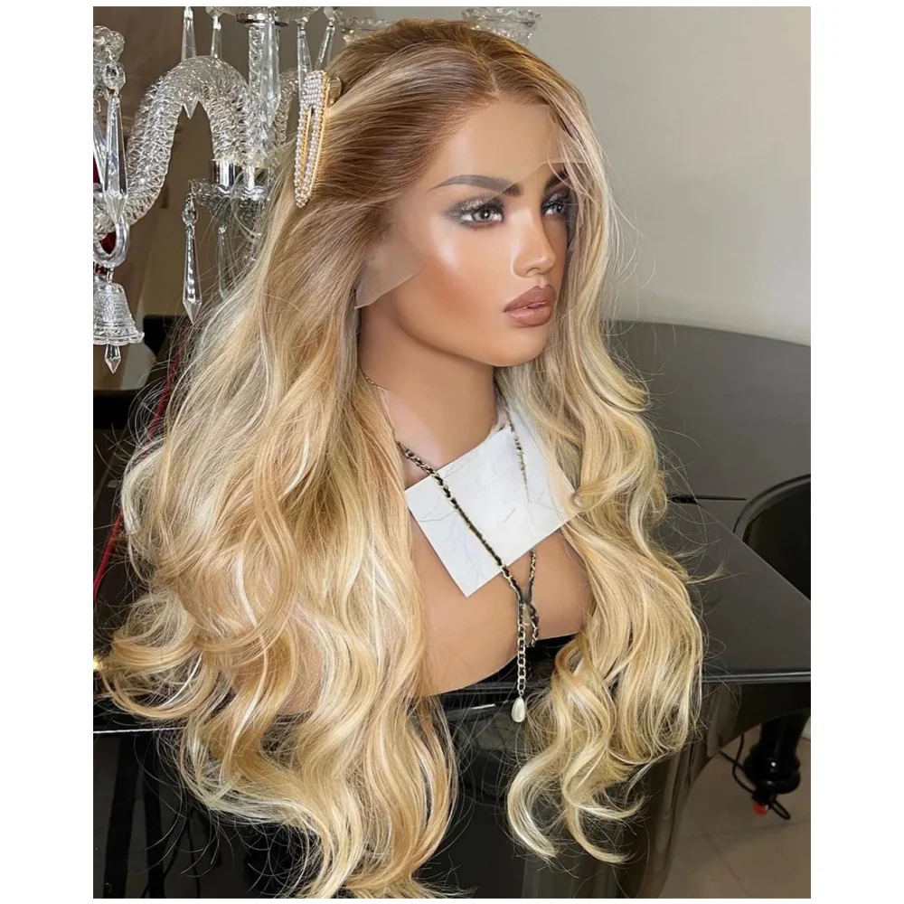 

Ombre Blonde 26“Long 180Density Glueless Synthetic Body Wave 13*4*1 Lace Front Wig With Bangs For Women Babyhair PrePlucked