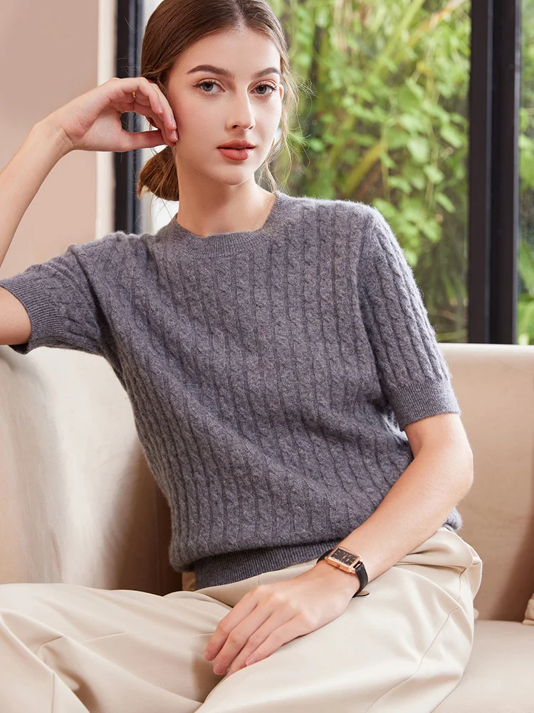 Women's 100% Goat Cashmere Sweater O-neck Twisted Mid Sleeve Pullovers Autumn Winter Thick Basic Simple Style Cashmere Knitwear