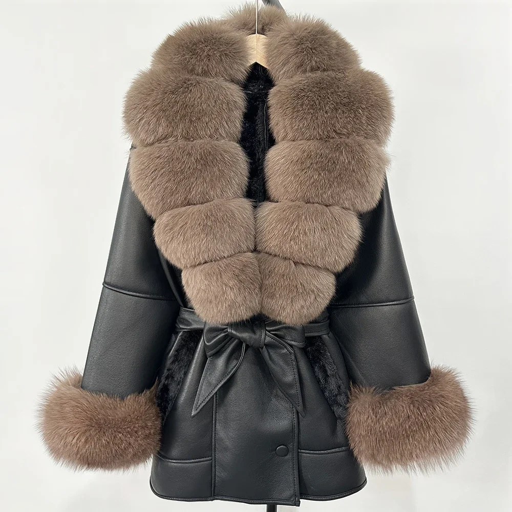 Frauen Lamm Pelzmantel Echt Fox Pelz Jacke 2025, Große Pelzmantel Faux Leder Mantel Herbst Winter Damen Mode Warme Outwear Tops