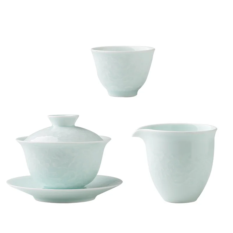 

Jingdezhen Chinese simple shadow green bowl set household cover bowl teacup tea maker living room set