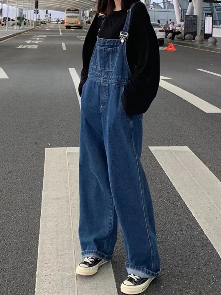 High Waist Wide Leg Denim Overalls Women's Spring Autumn Loose Fit Casual Jeans Anti-Wrinkle Maintaining ape