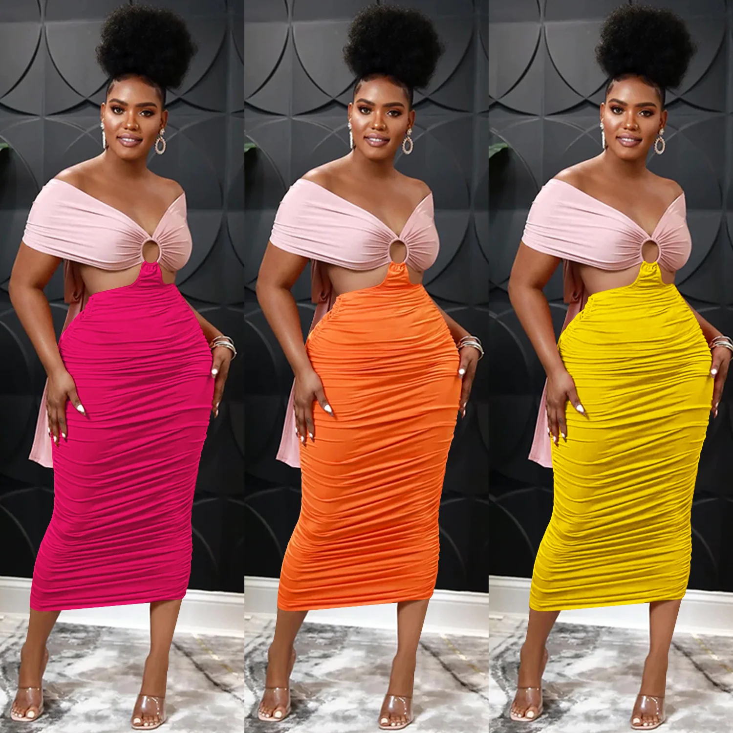 

Fashion women's clothing casual tight backless hollow pleated dress women's clothing simple temperament high-end slim-fit clothi