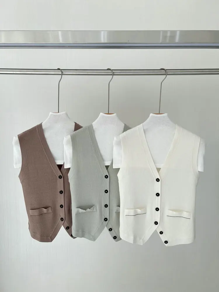 

Women Solid Color Knit Vest Single Breasted V-Neck Sleeveless Casual Silk Wool Sweater