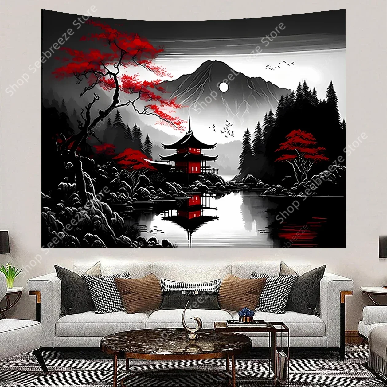 Mountain Forest Tapestry, Black and White Nature Moonlight Wall Hanging, Tree Sunset Dark Tapestries Bedroom Living Room Decor