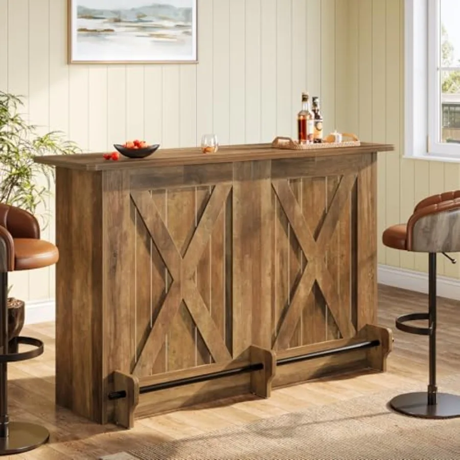 

63-Inch Bar Table, 2-Tier Bar Cabinet Height Pub Table with Footrest, Modern Coffee Cabinet for Home Kitchen, Large Home Unit L