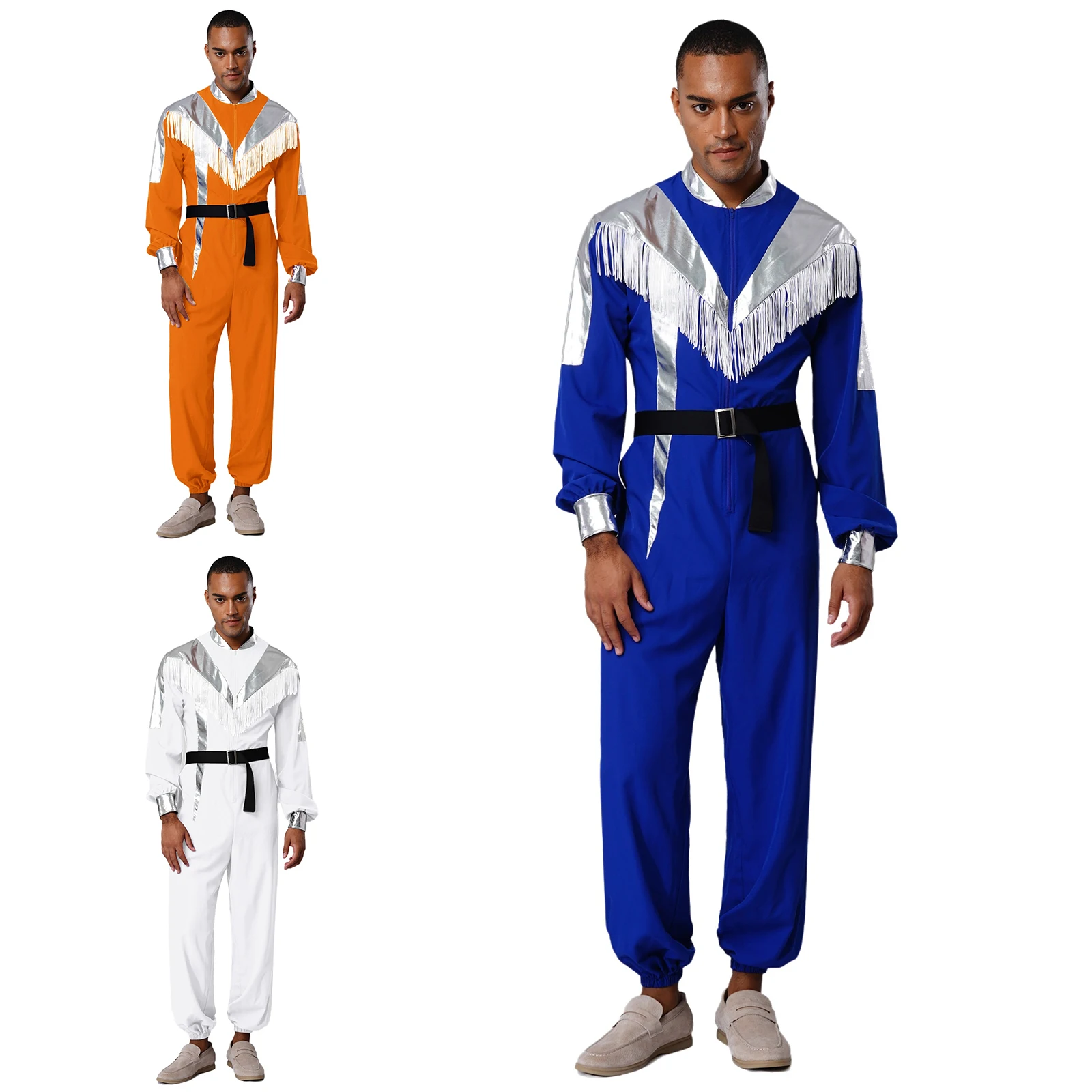 

Space Jumpsuit Men Cowboy Outfit Astronaut Cosplay Dress Up Long Sleeve Tassels Jumpsuit Belt Suit Halloween Theme Party Costume