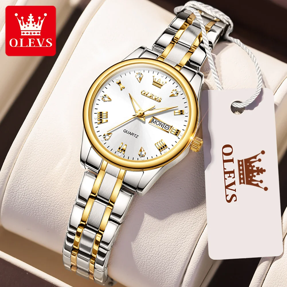 OLEVS 5563 Quartz Fashion Watch Gift Round-dial Stainless Steel Watchband Wristwatch Week Display Calendar Luminous