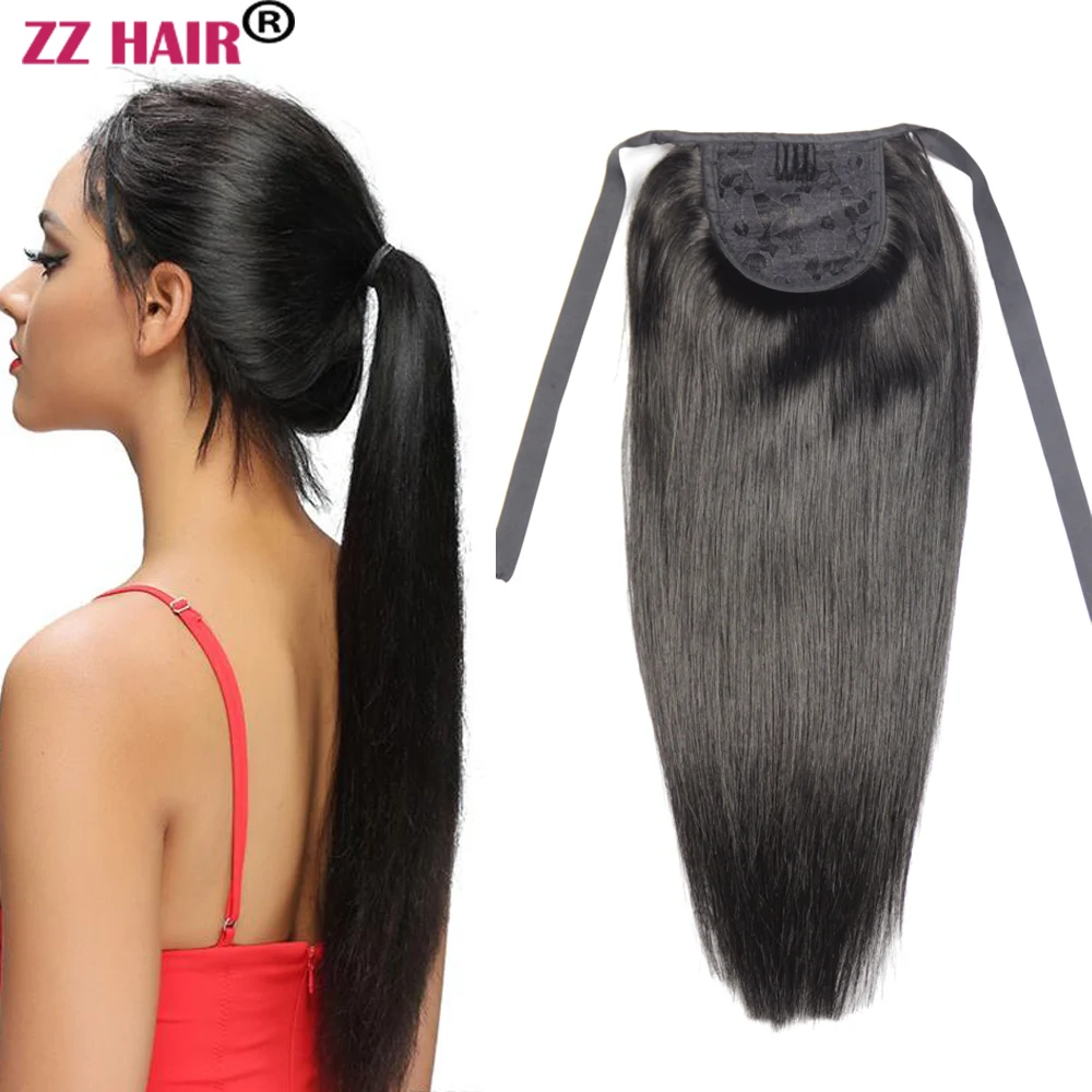 

ZZHAIR 100% Brazilian Human Remy Hair Extensions 16"-20" Ribbon Ponytail 60g Clips-in Horsetail Natural Straight