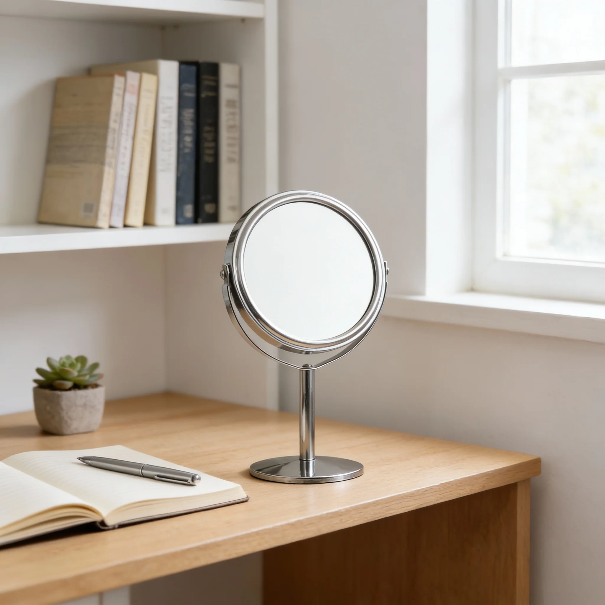مرآة مكياج مستديرة على الوجهين لسطح المكتب مكبرة بزاوية 360 درجة وقاعدة ثابتة للحمام المنزلي