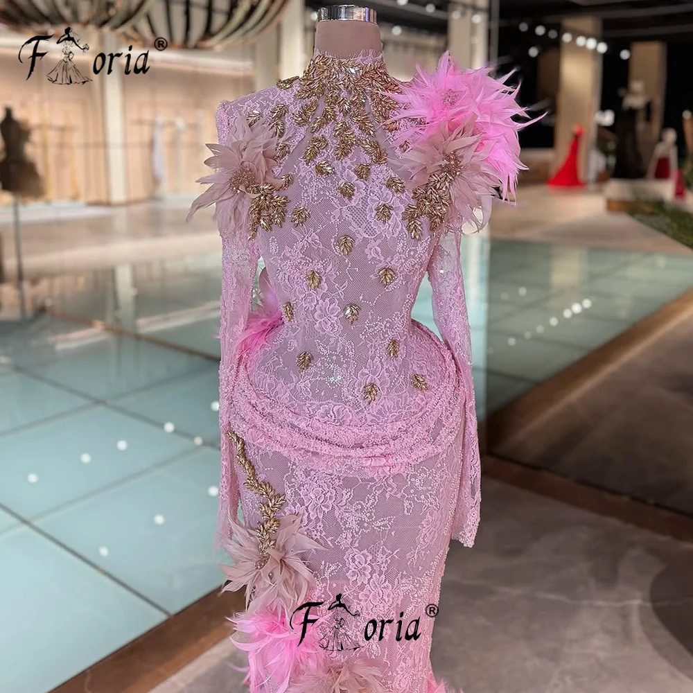 

Sexy Pink Lace Mermaid Evening Dresses with Feathers Gold Crystals Prom Dress Stage Performance Robes Customized Celebrity Gala