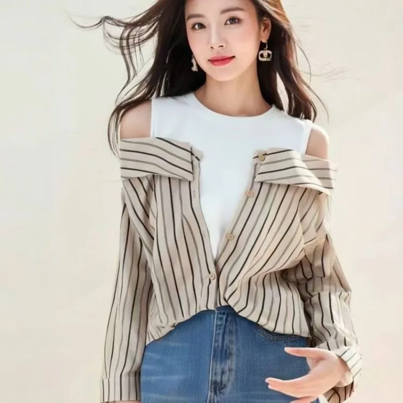 

New Off Shoulder striped Blouses Women Slim Loose Tank Top Spliced Long Sleeve Shirts Autumn Round Neck Fashion Shirts Women Top