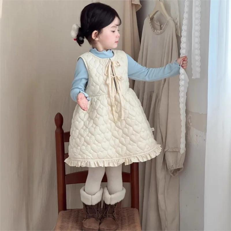 Autumn  Winter Children Clothes Infant Baby Girls Love Padded Dress Toddler Quilting Sleeveless Dress Korean Sticker Undershirts