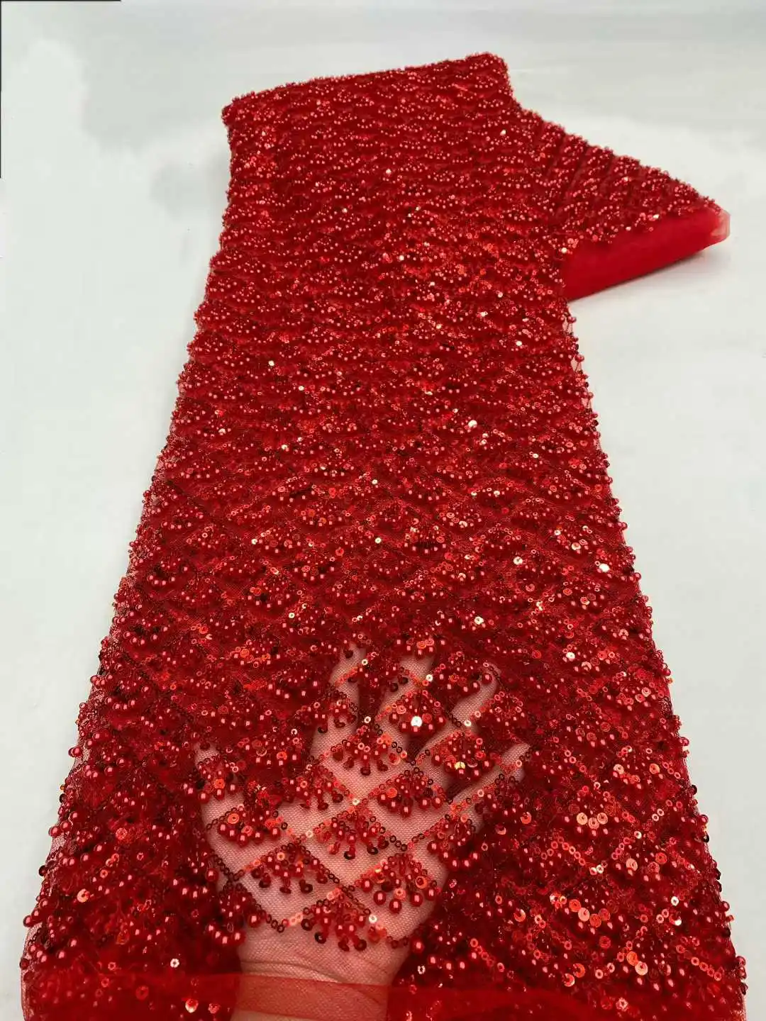 Tessuti di pizzo con perline di paillettes africane rosse Sequenza di ricamo di alta qualità Tessuto di pizzo francese nigeriano per cucito di nozze SZ1443