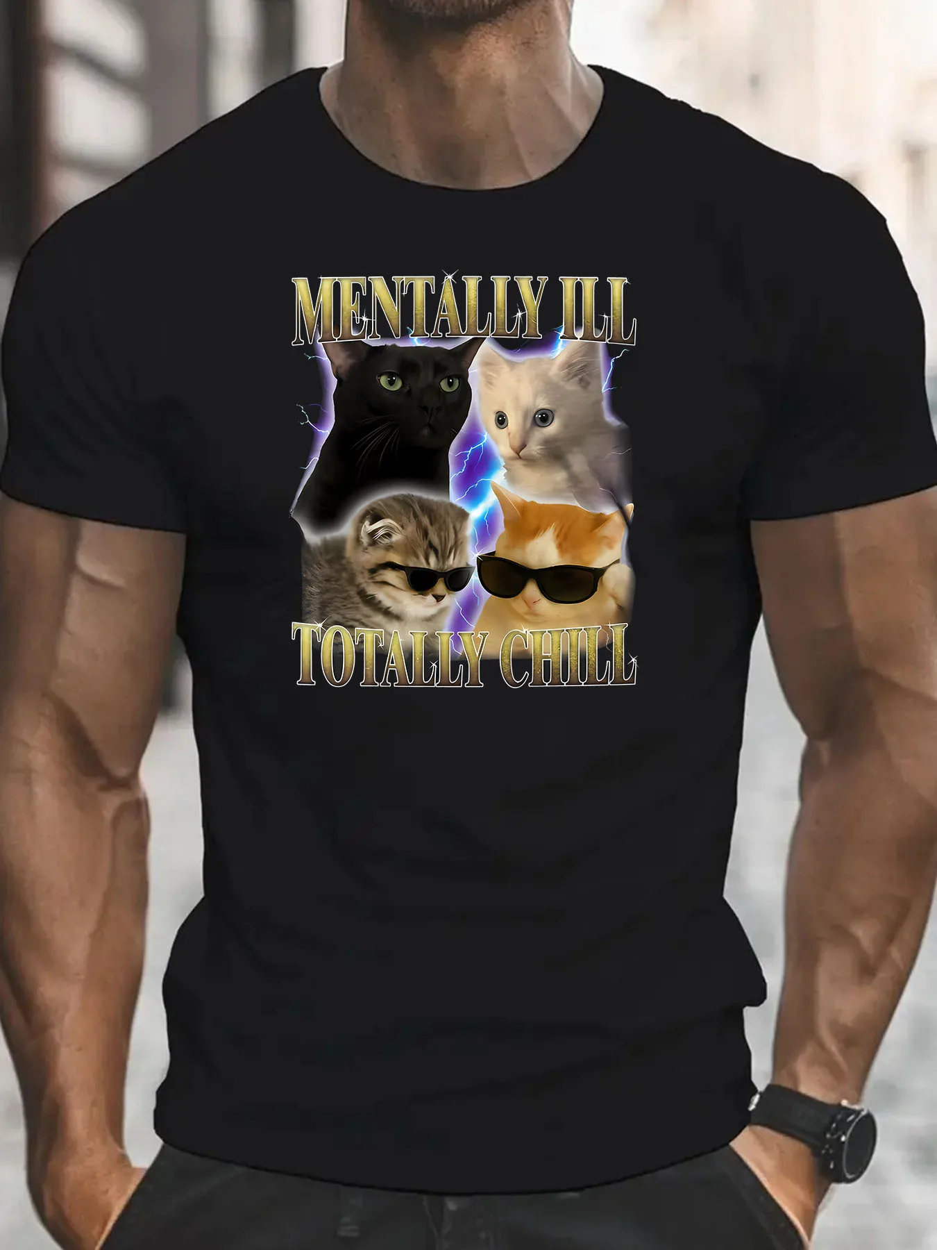 Totally Chill Funny Cat T-Shirt for Mental Illness Patients, Retro Cat Pattern T-Shirt, Men'S Top, Gift T-Shirt, Summer, Daily Casual, Round Neck Short Sleeve, Fashionable Men'S Wear