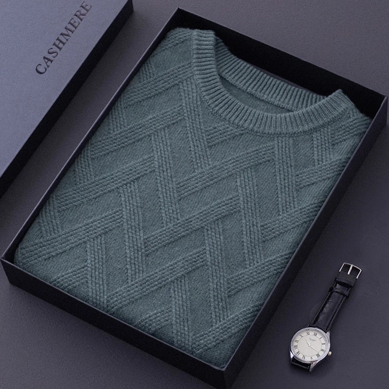 

Мужской пуловер из 100% чистого кашемира, деловой повседневный однотонный вязаный свитер, свободные топы с круглым вырезом, утолщенный теплый джемпер с геометрическим рисунком
