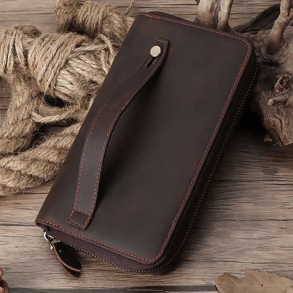 HUMERPAUL Long Wallet for Men Crazy Horse Leather Mobile Phone Purse RFID Protect Card Holder Multifunctional Handle Clutch Bag