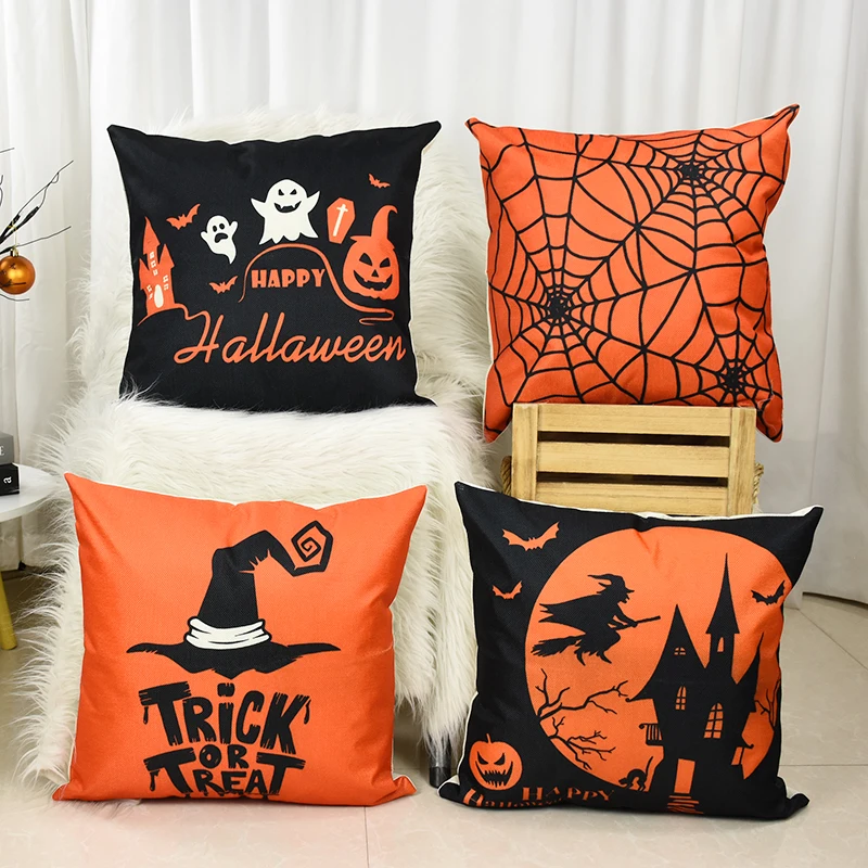 

4pcs 45x45cm Halloween Decoration Pillow Case Funny Pumpkin Ghosts Witch Print Cushion Cover for Halloween Home Decorations Gift