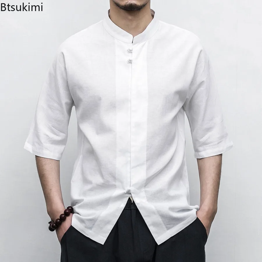 

Summer Loose Cotton Linen Shirts for Men Solid Half Sleeve Casual Shirt Men Chinese Style Stand Collar Breathable Tang Suit Tops