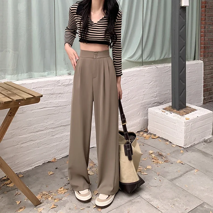 

Korean Autumn Elastic Waist Suit Wide Leg Trousers Women's High Pants Black Khaki Apricot Loose Female S-XXL LJ152