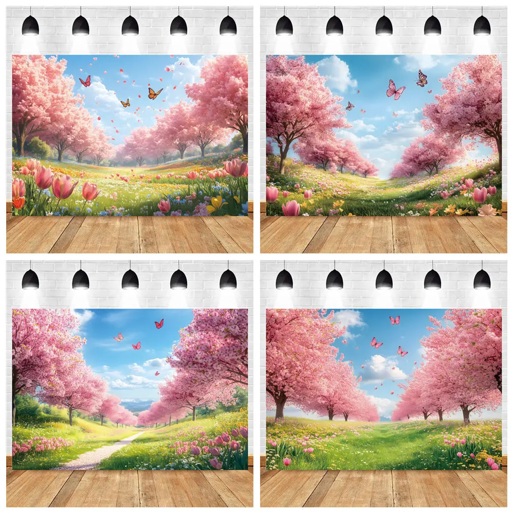 

Dreamy Spring Nature Scenery Backdrop for Photography Flower Tree Butterfly Grassland Birthday Party Wedding Photo Background