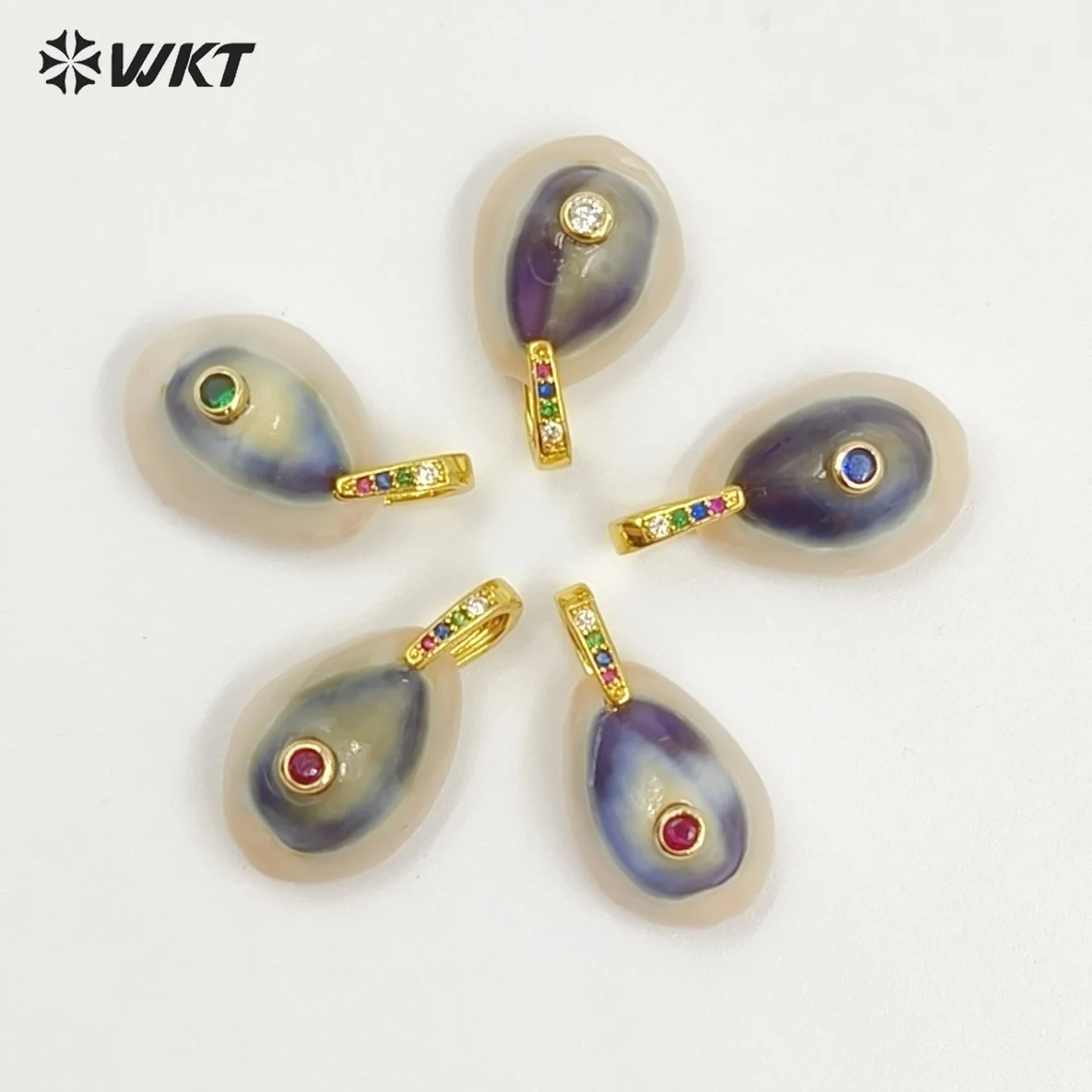 WT-JP493 Fashion Trend Blue Eye Cowrie Shell With Round Zircon Little  Pendants Charms For Women Earrings Jewelry Design