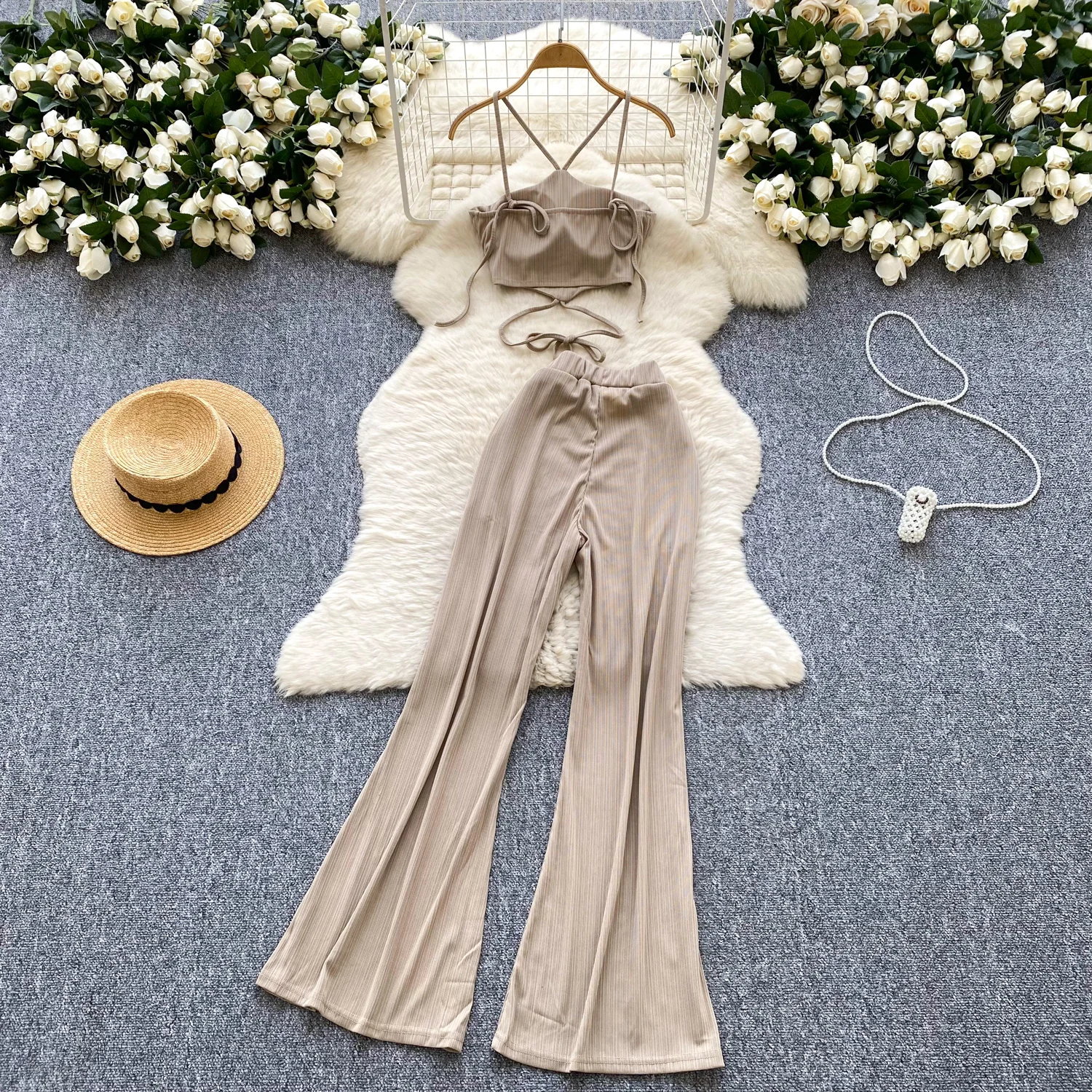 Vrouwelijke trendy zomertopbroek set 2-luxe design pak trekkoord camis tanks flare broek hotsweet sexi nachtclub streetwear