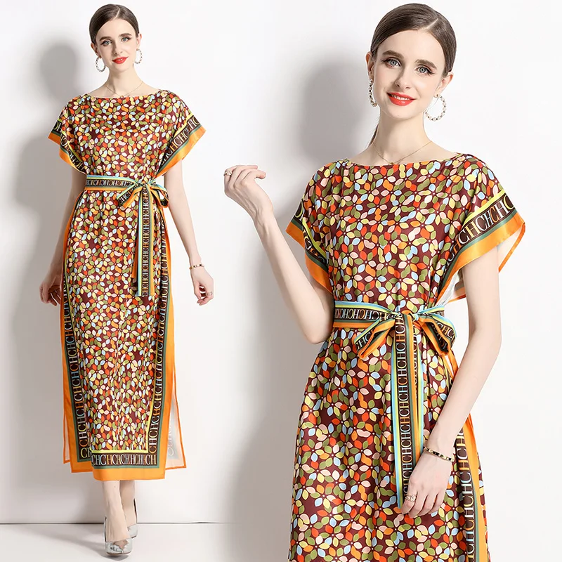 

2025 Summer New Women's European and American Versatile Waist Bat Sleeve One Piece Collar Loose Lace Dress Belt Knee Long Dress