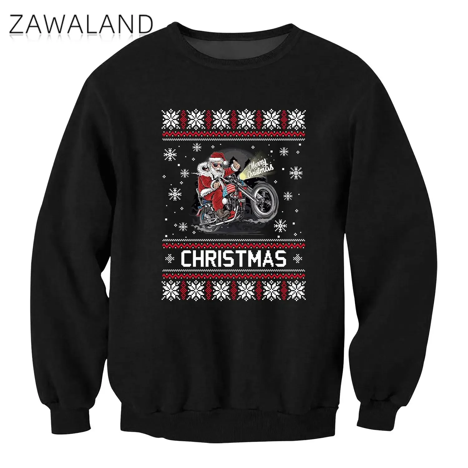 Zawaland Men Hoodies Funny Santa Claus Guitar Print Tops Black Crewneck Sweatshirt Christmas Cosplay Costumes Pullover