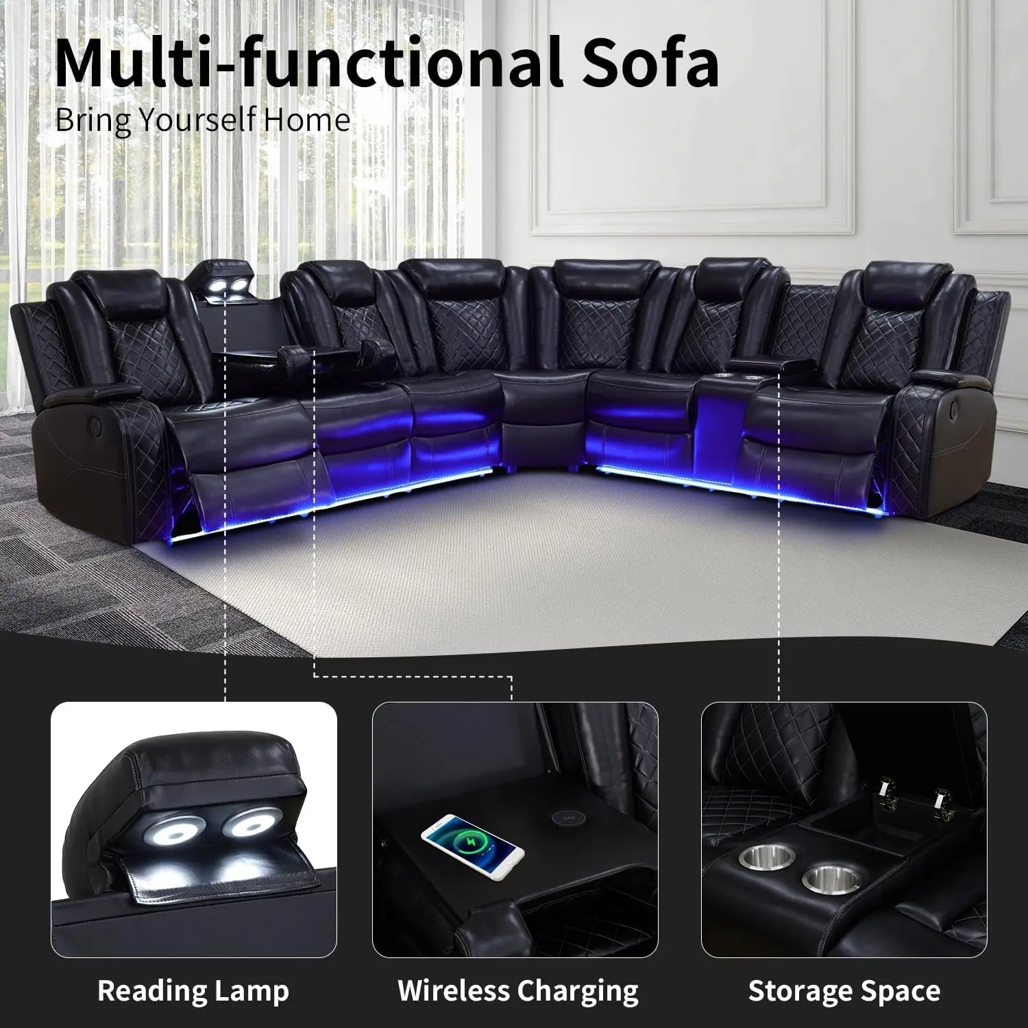 Sofá seccional de cuero reclinable con luz LED para sala de estar, sofá seccional de esquina reclinable con almacenamiento