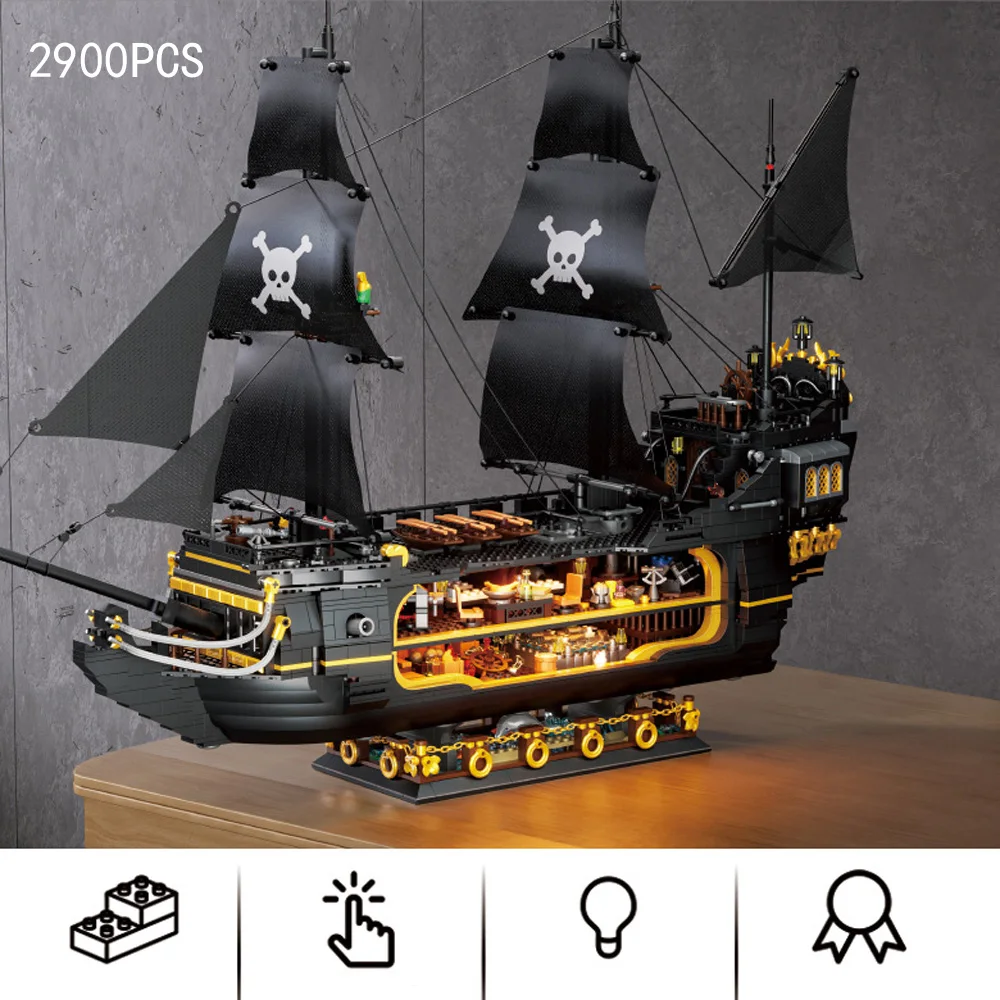 Creative Mini Block Black Dark MIrage Caribbean Pirate Ship Model Building Brick Construction Toy Sets Collection With Light