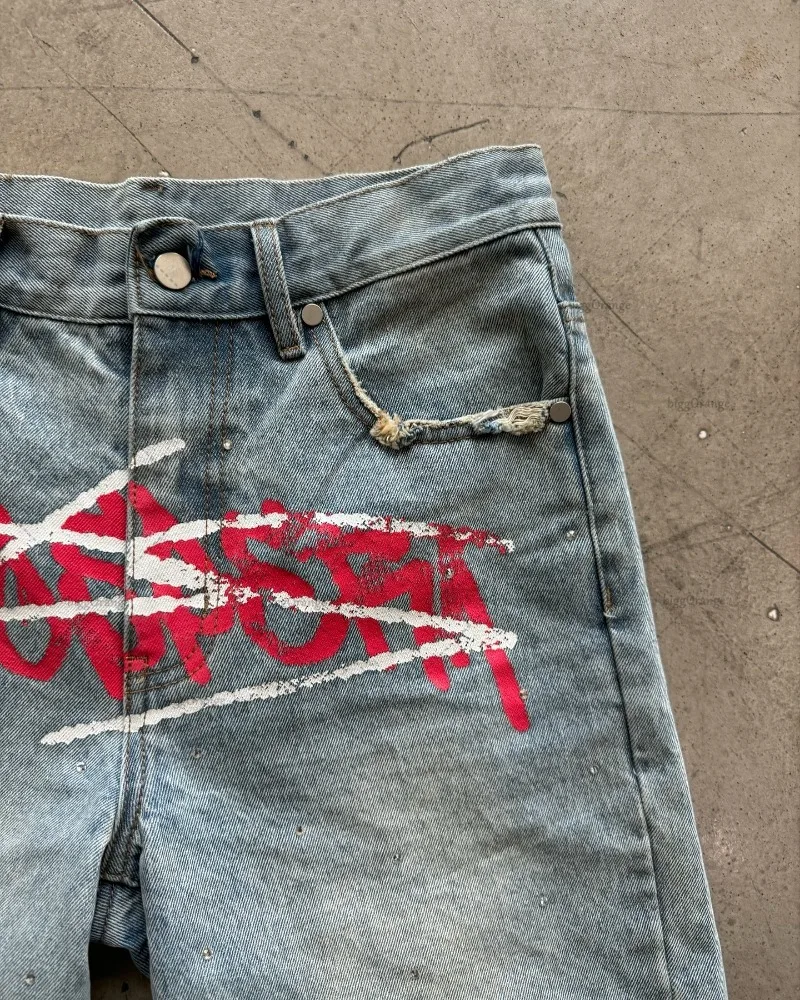 European and American Street Y2k Harajuku Shorts Gothic Punk Fashion Letters Colorful Printed Jeans Loose Casual Denim Shorts