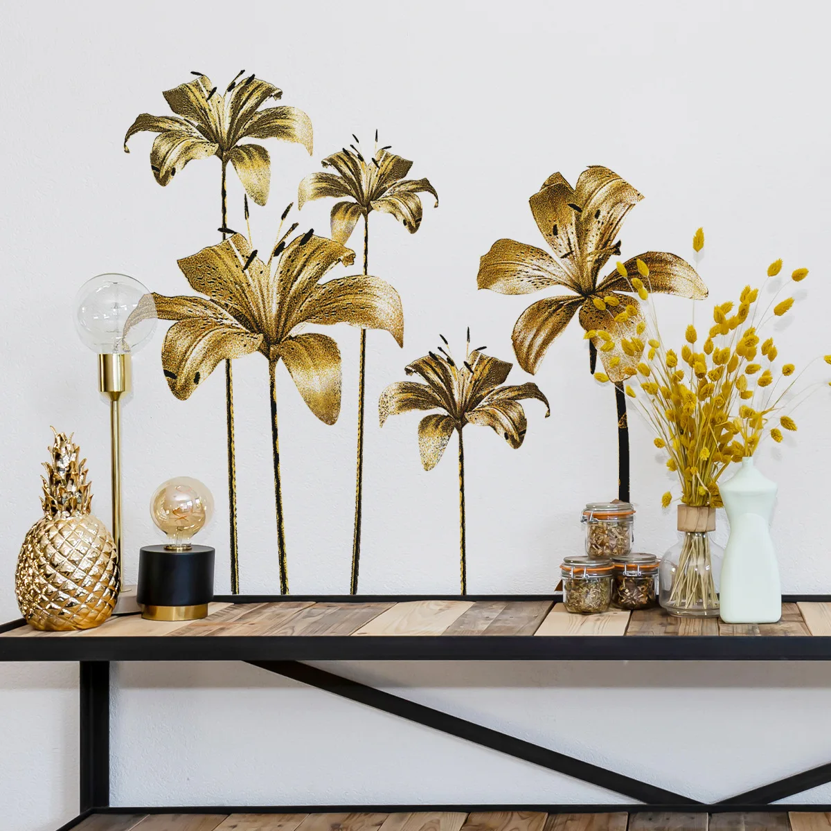 

2pcs Golden Plant Flower Wall Sticker Creative Background Wall Living Room Bedroom Study Restaurant Decoration Wall Sticker