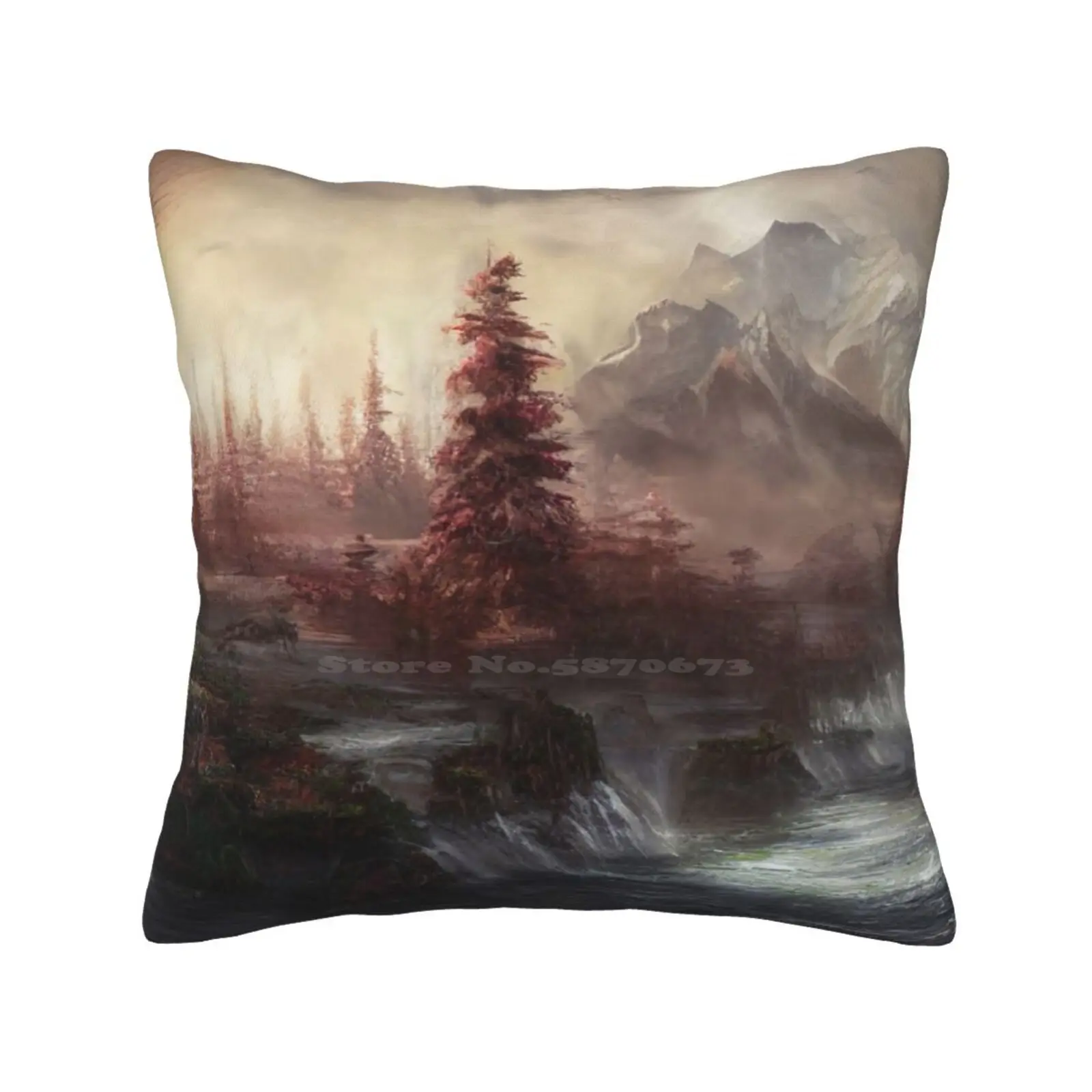 Infected Glade Throw Cushion Pillow Cover Landscape Tree Red Mountains Mountain Range River