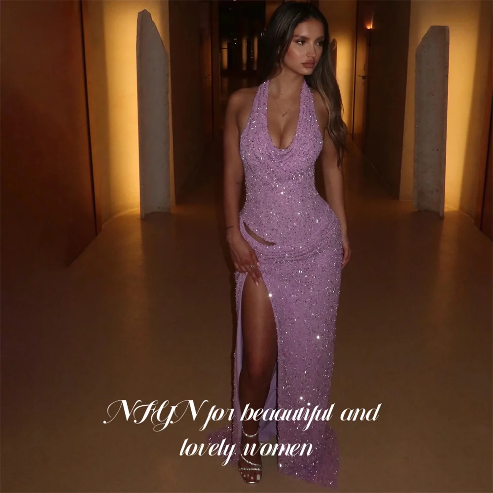 NFYN Lilac Evening Dress Halter Neck Sleeveless Prom Dress Glitter Sequin Party Dress Trumpet Gala Dress for Women Customized
