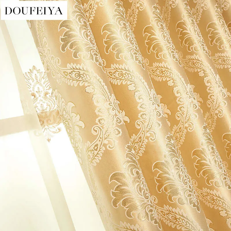 European Gold Luxury Curtains for Living Room Bedroom Dining Blackout Window Drape Treatment Tulle Valance Custom Size Embroider