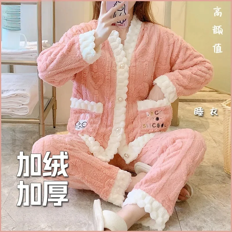 2024 Autumn and Winter Pajamas for Women with Thick Velvet for Warmth Loose Home Postpartum Clothing Set Can be Worn Externally