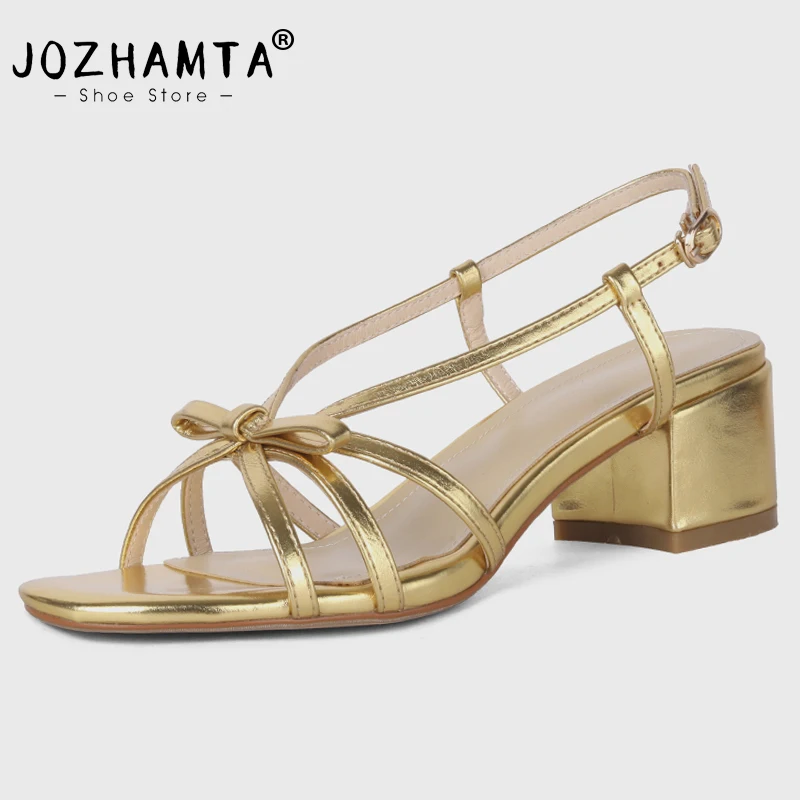 JOZHAMTA Size 34-40 Heeled Sandals For Women Real Leather Rome High Heels Summer Shoes Woman Woven Gold Chunky Heel Sandals