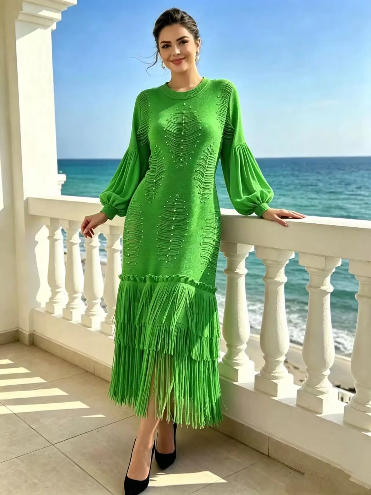 Miyake Crumpled Loose Dress Fashion Beaded Temperament Fringed Elegant Long Dress Women's Clothing New