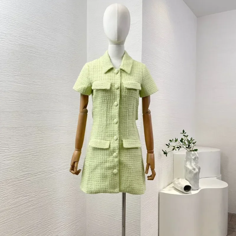 Green Mini Dress for Women, Turn Down Collar, Short Sleeve, Front Buttons Closure, Tweed Fashion, High Quality, Office Lady, Sum