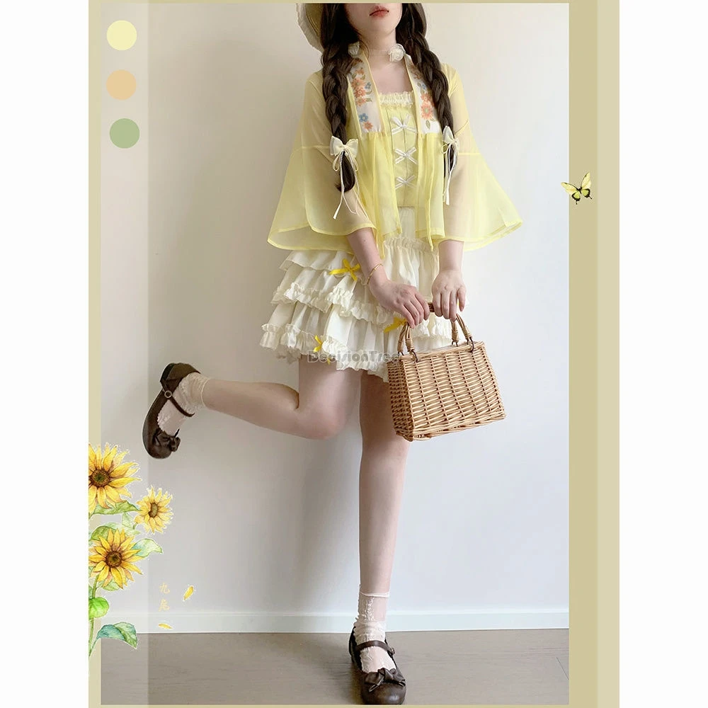 

2025 chinese new improved daily modern hanfu set embroidery yarn fashion half sleeve coat vest short skirt 3 piece hanfu set