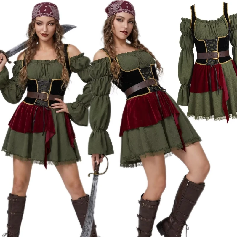 Disfraz vintage de pirata con hombros descubiertos, vestido de manga abullonada, falda con ribete de encaje, corsé y cinturón para fiesta de Halloween o cosplay.