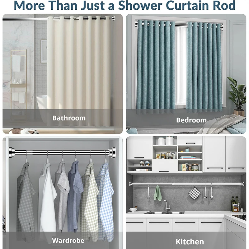 No Drilling Needed Tension Shower Curtain Rod Stainless Steel Rust Proof Non-Slip Spring Adjustable  Pole for Bathroom Shower