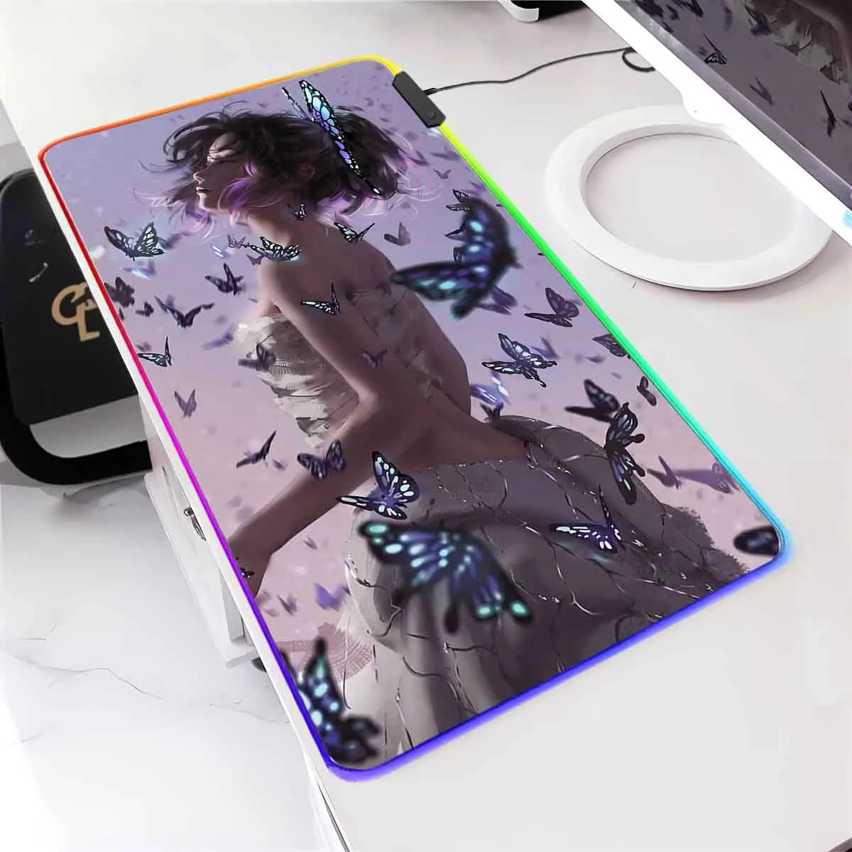 

D_Demon S_Slayer Anime RGB Backlit Mouse Pad Shinobu Kocho LED Large Mouse Pad Non-Slip MousePad Gamer Keyboard Mouse Mat