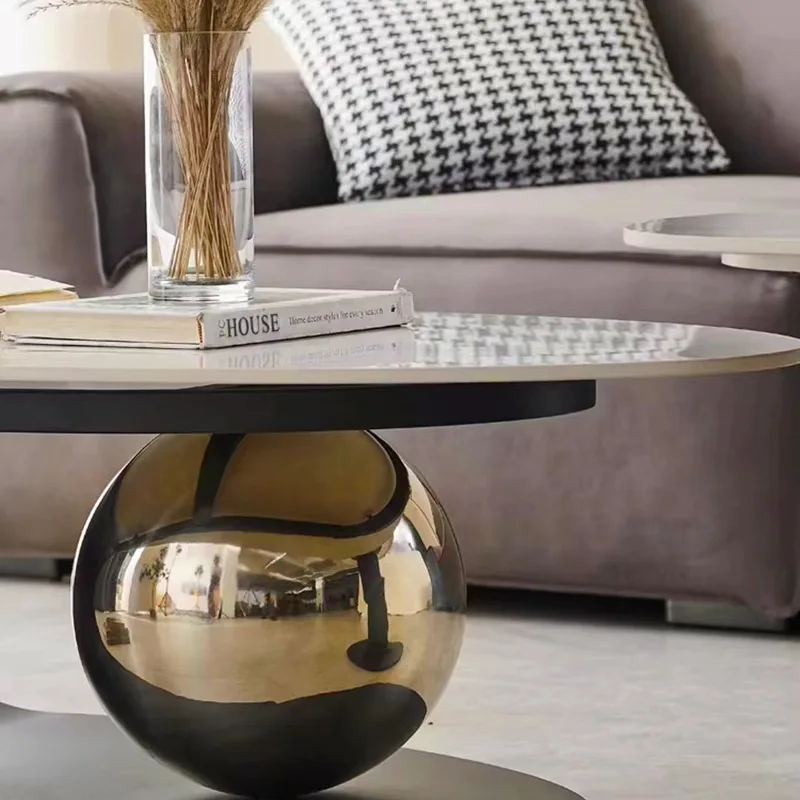 طاولة قهوة فاخرة خفيفة من الفولاذ المقاوم للصدأ، طاولة زاوية بحافة بلاطة صخرية رخامية عالية ومنخفضة #4