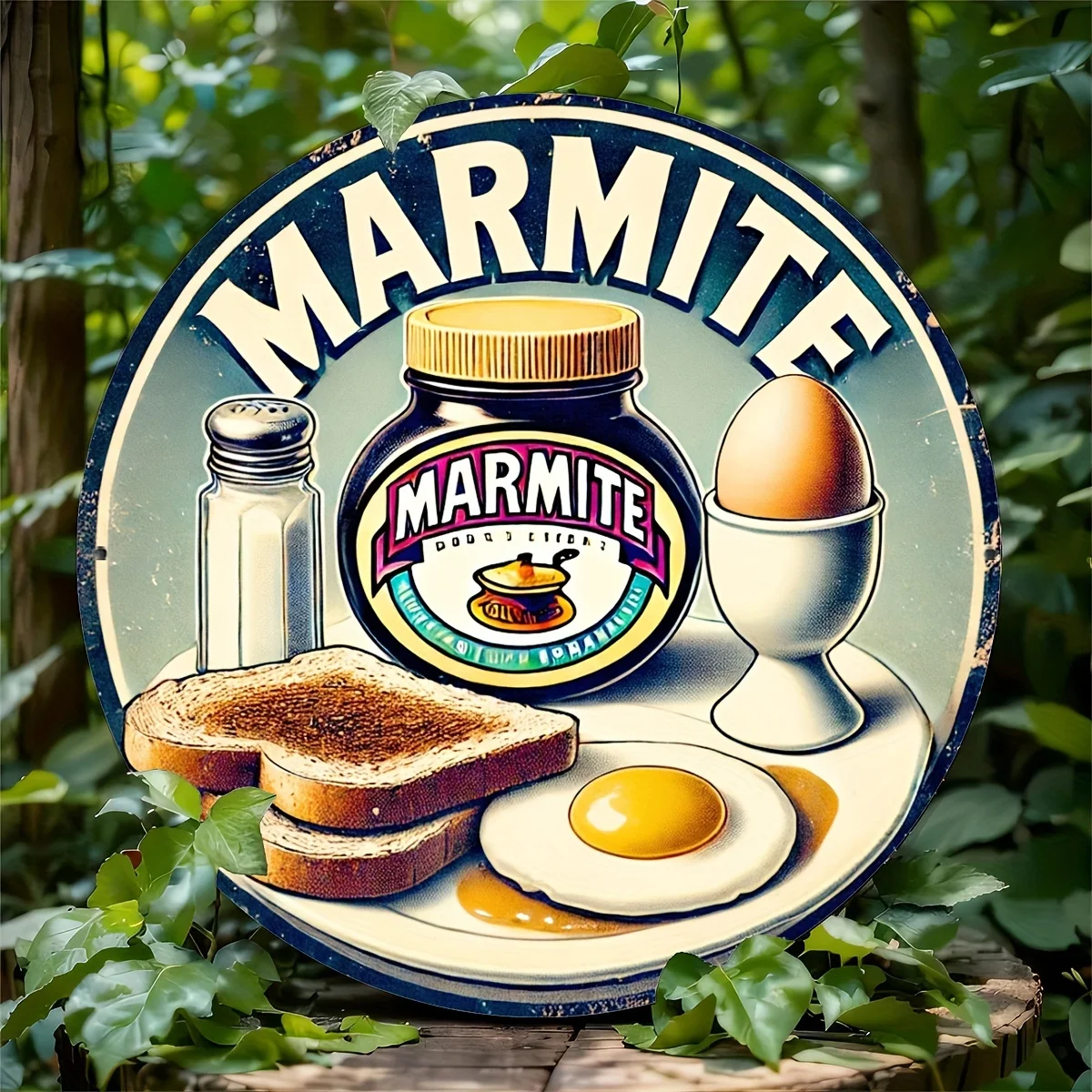 Tablero decorativo retro para el desayuno con diseño de Marmite - Pieza de arte de pared redonda de aluminio, con diseño clásico de desayuno