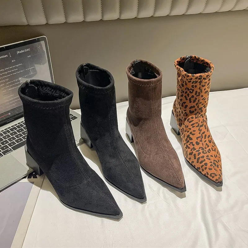 

Winter Women Thick Heel Ankle Boots Fashion Pointed Toe Mordern Short Booties Street Style Party Stripper Female Shoes