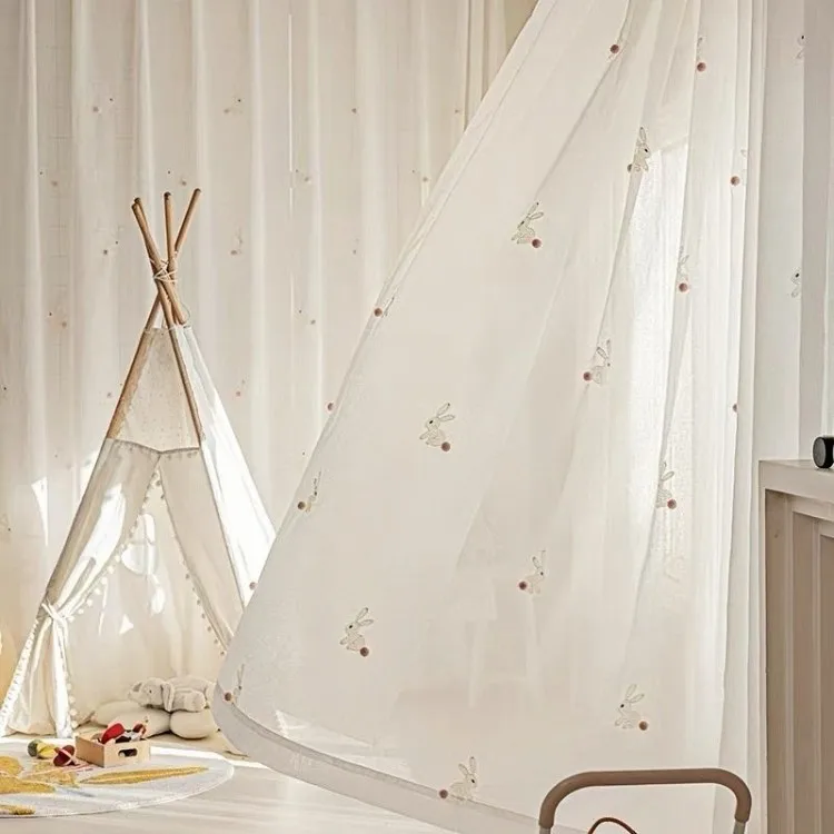Custom Size Embroidered Cute Rabbit Fashion Paradise Cartoon Rabbit Translucent Human Cotton and Linen Breathable Sheer Window