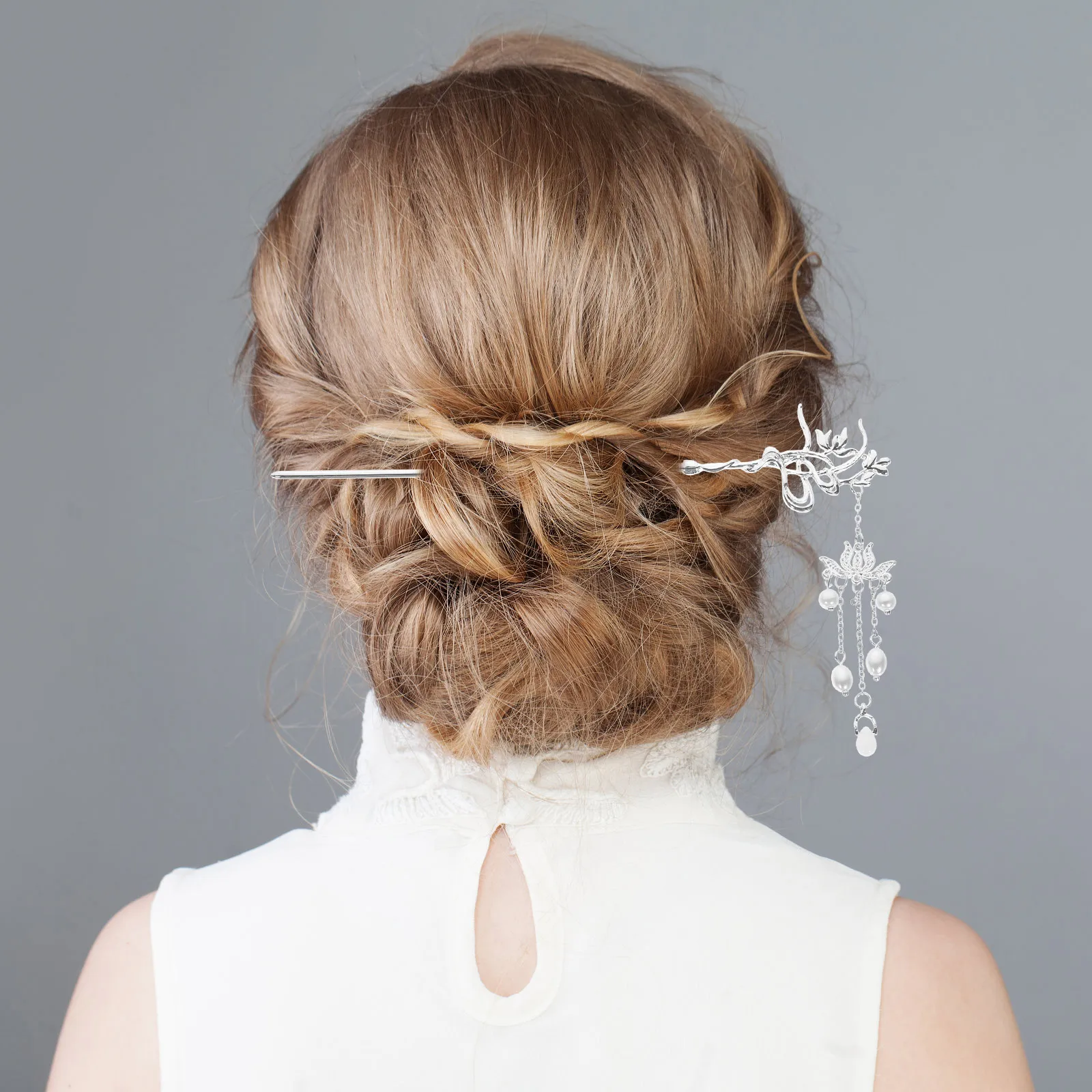 

2pcs Pearl Lotus Stick Chinese Style Bun Pin Lightweight Retro Chopsticks For Long Hair Dangle Hair Pin Accessories