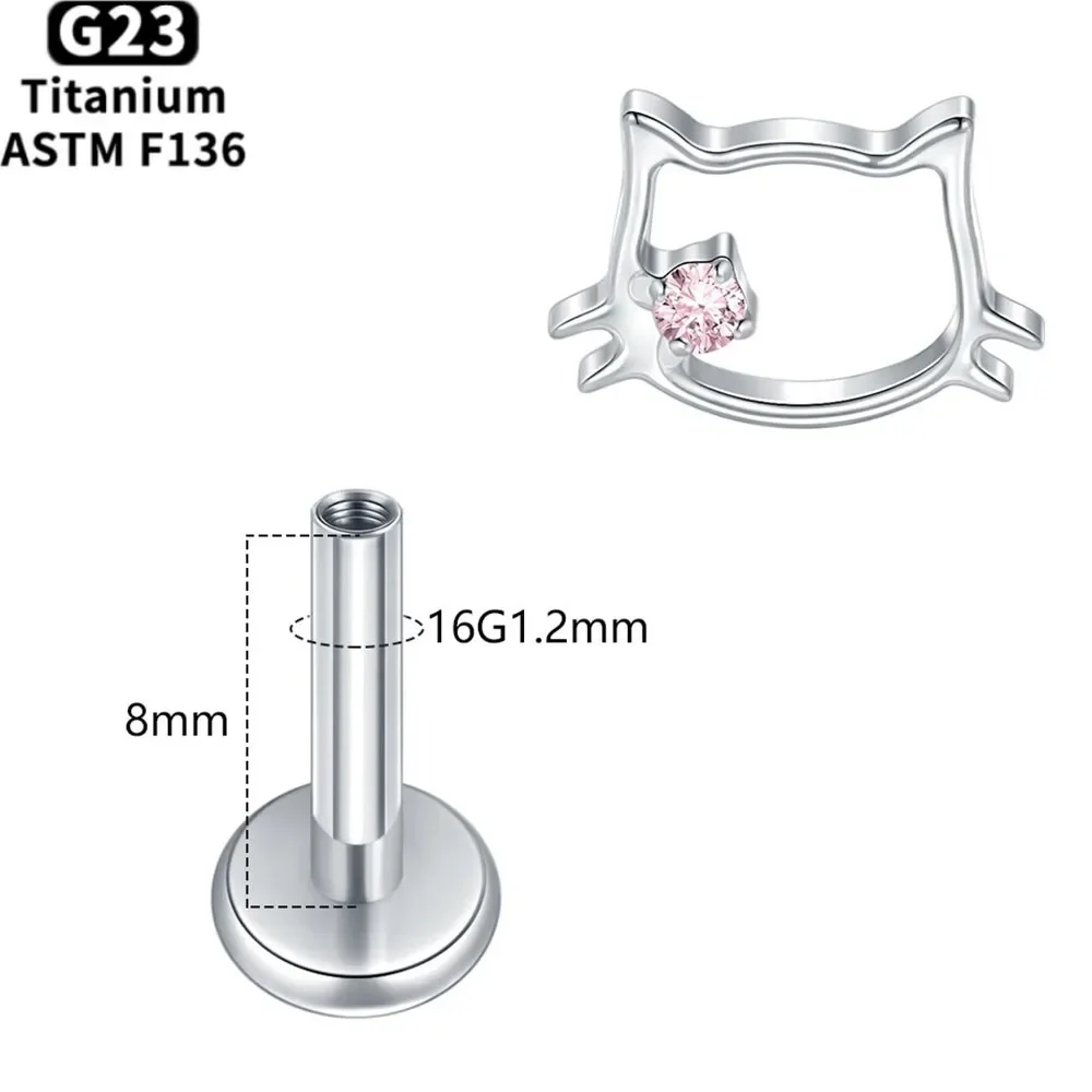 G23 Titan Niedliche Katzen-CZ-Ohrstecker mit Innengewinde für Knorpel, Ohrläppchen, Tragus, Helix – Modischer Piercing-Schmuck – Detail 2