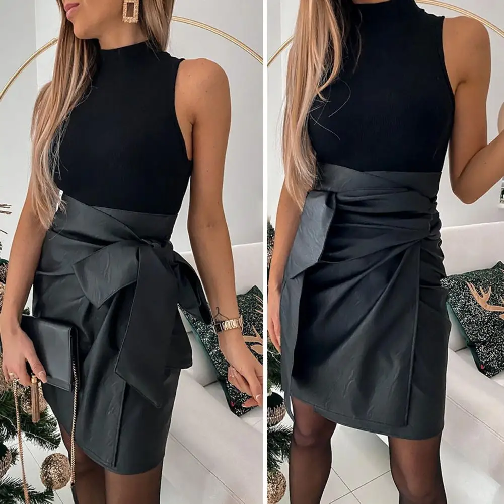 

Trendy Women Skirt Solid Color Windproof Female Skirt Female Elegant Slim Hip Wrap Faux Leather Skirt